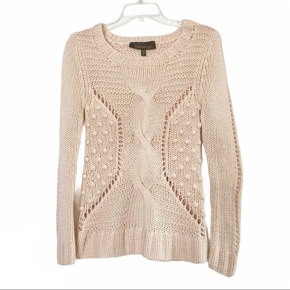 Charlotte Tarantola pompon Pink Wool Blend cable Open Knit Sweater Size XS - Picture 1 of 10